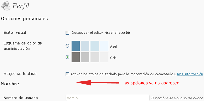 Las opciones de configuración de la barra de administración ya no aparecen